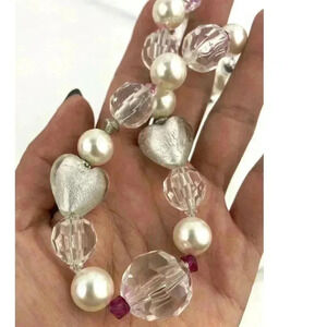 Clear Chunky Glass Heart Plastic Beaded Necklace Wired Faux Pearl 18" long